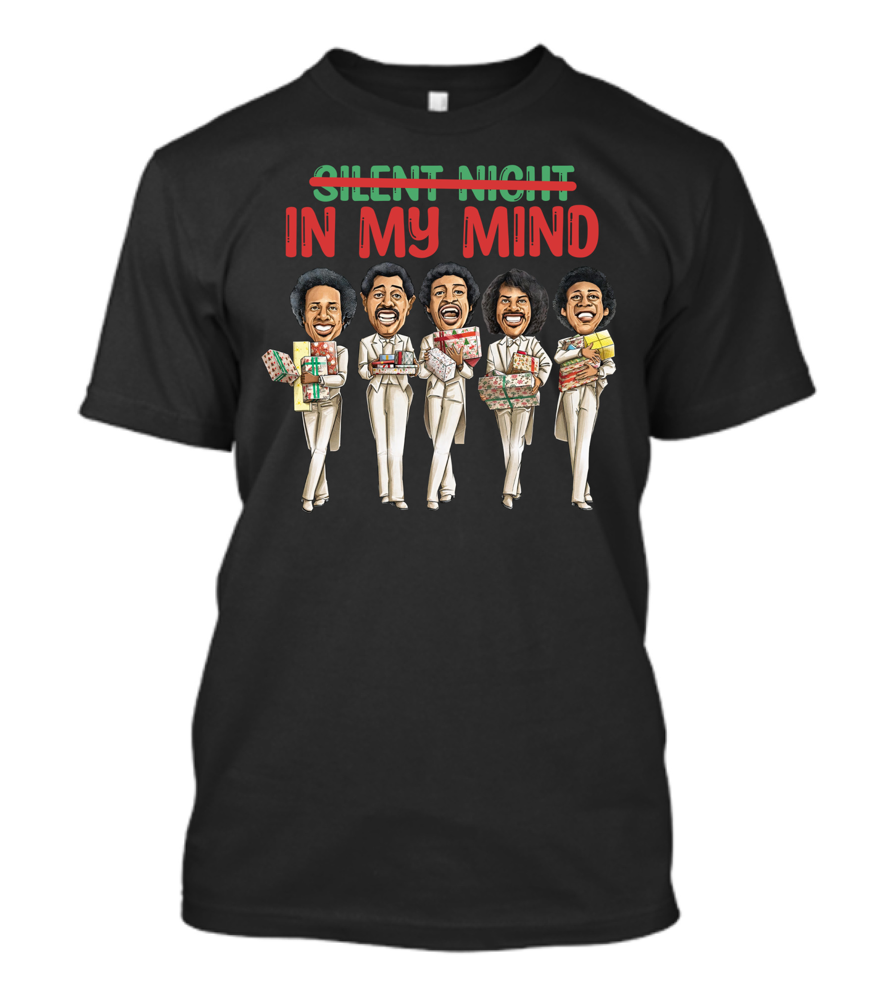 Silent Night Crossed Out In My Mind Christmas Four Singing Figures Holding Gifts T-Shirt