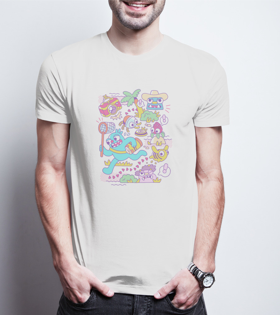 Tropical Adventure With Island Creatures And Playful Characters T-Shirt
