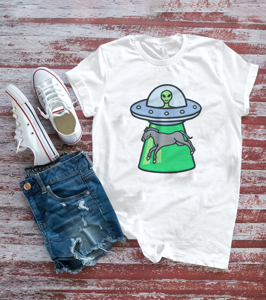 Alex's Stupid Studio Alien Lime UFO Abducting Horse T-Shirt