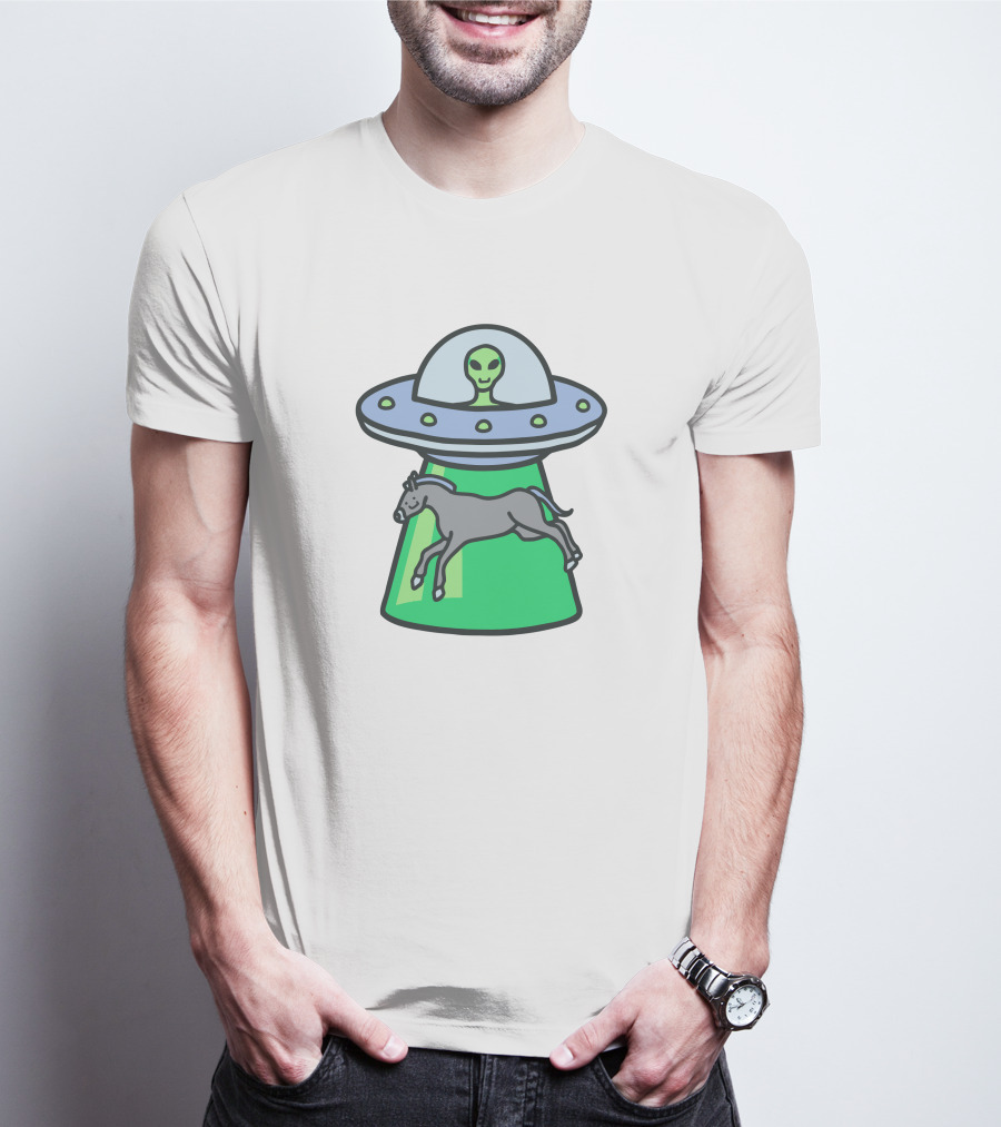 Alex's Stupid Studio Alien Lime UFO Abducting Horse T-Shirt