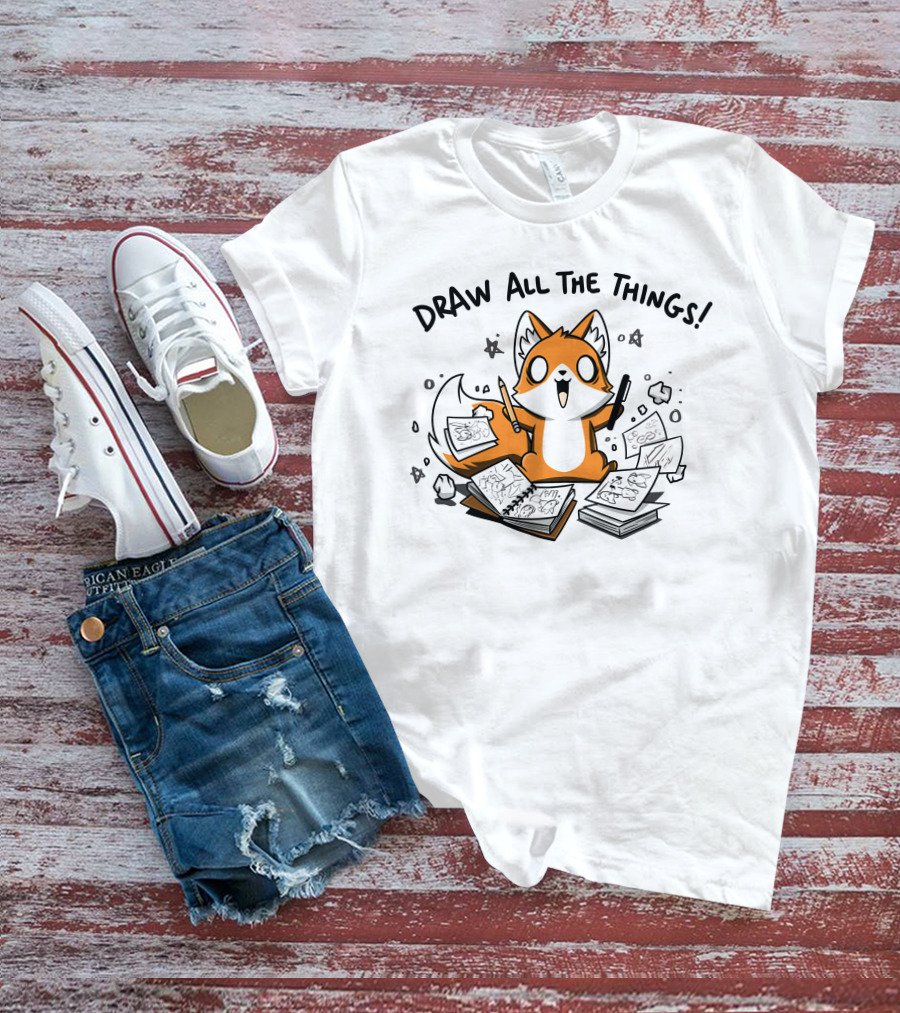 Fox With Sketchbooks And Pens Enthusiastically Draw All The Things T-Shirt