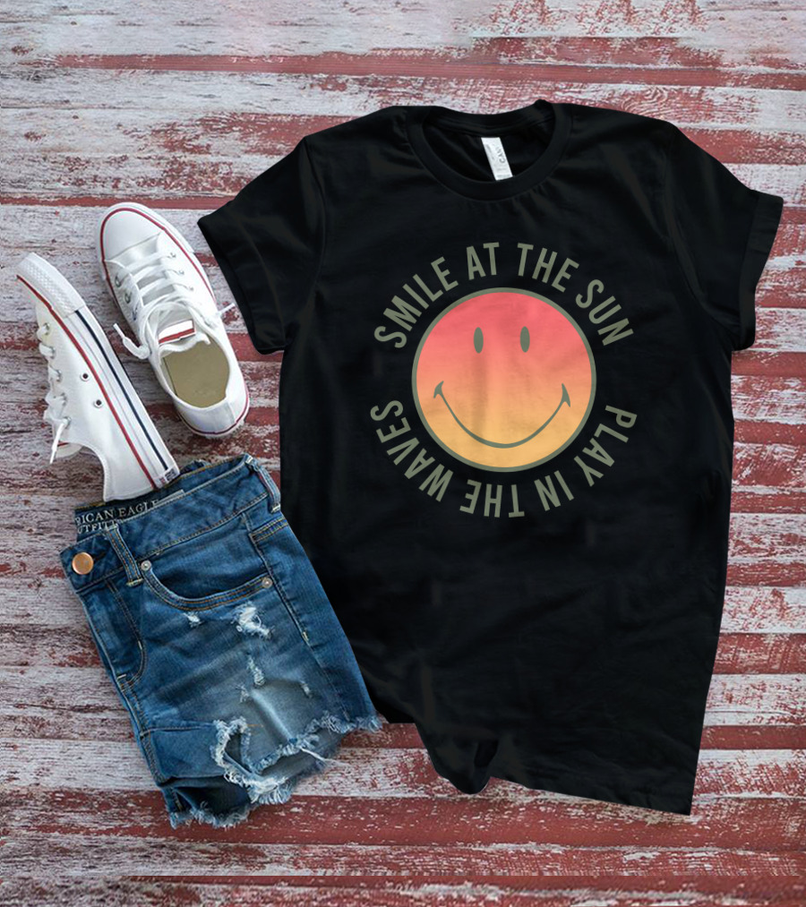 Smile At The Sun Play In The Waves Sunset Gradient Smiley Face T-Shirt