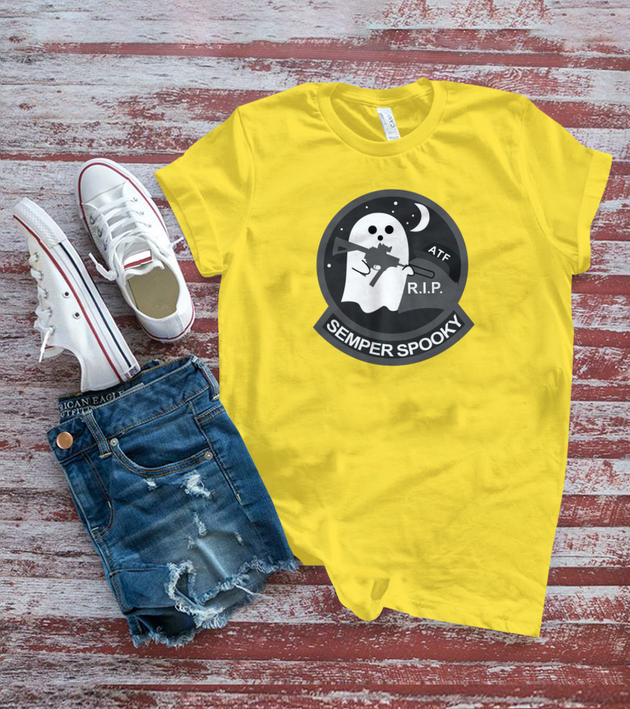 Semper Spooky Ghost With ATF Rifle And RIP Moon Badge T-Shirt
