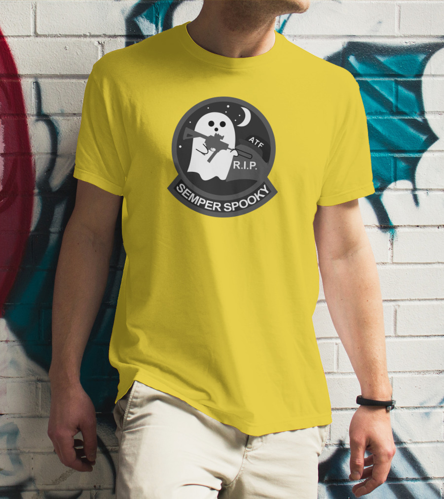 Semper Spooky Ghost With ATF Rifle And RIP Moon Badge T-Shirt