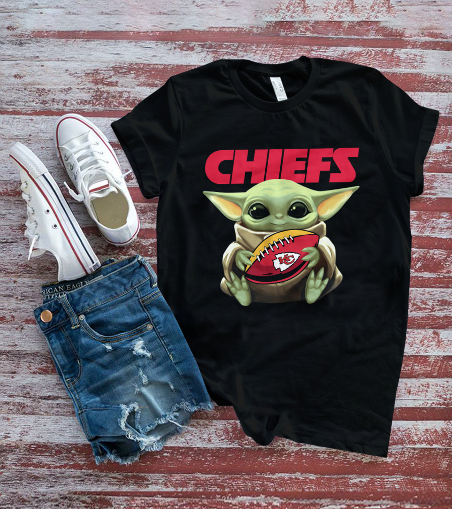 CHIEFS Baby Yoda Holding KC Chiefs Football T-Shirt