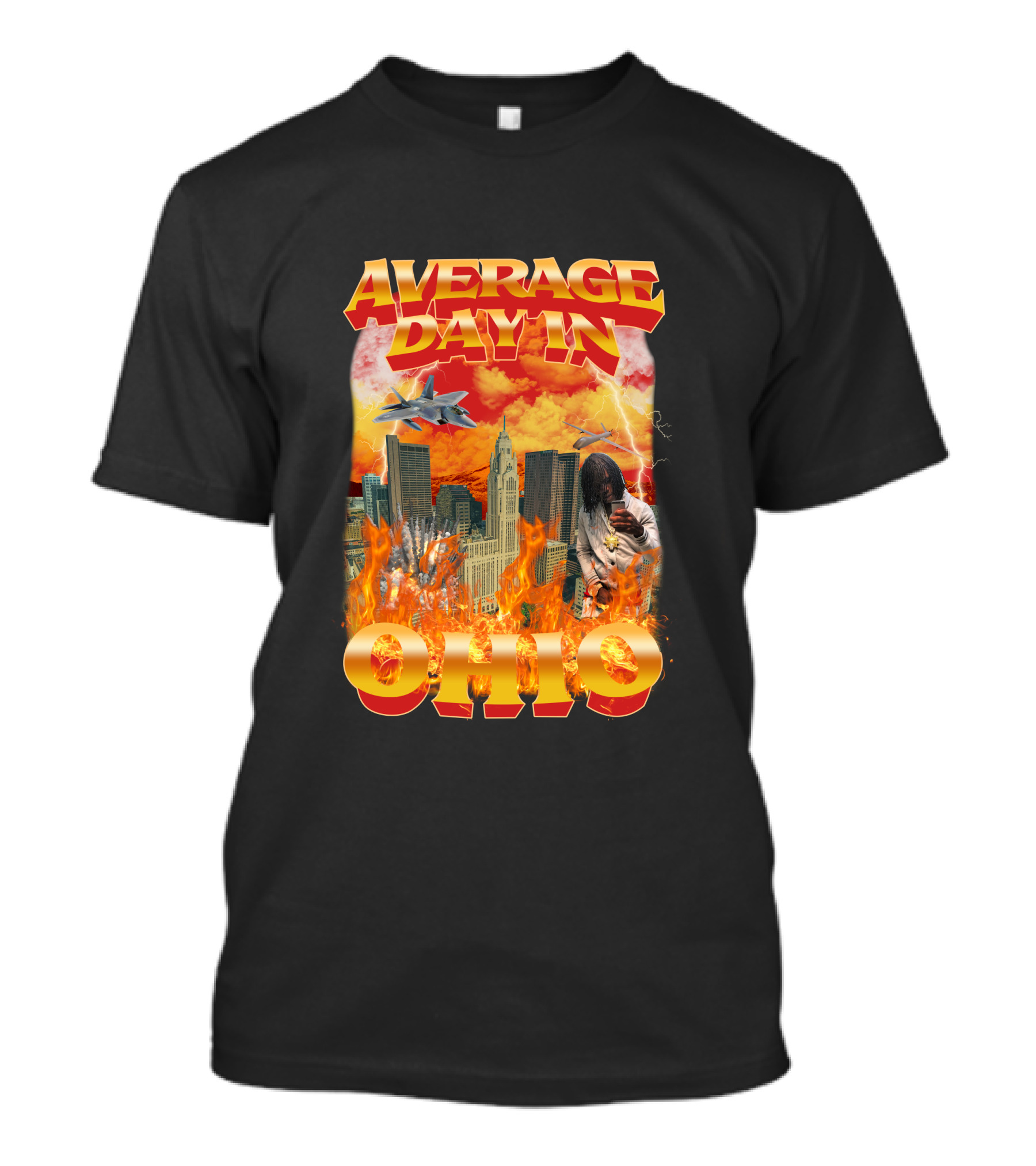 Average Day In Ohio Flaming Cityscape Fighter Jets Chaos T-Shirt