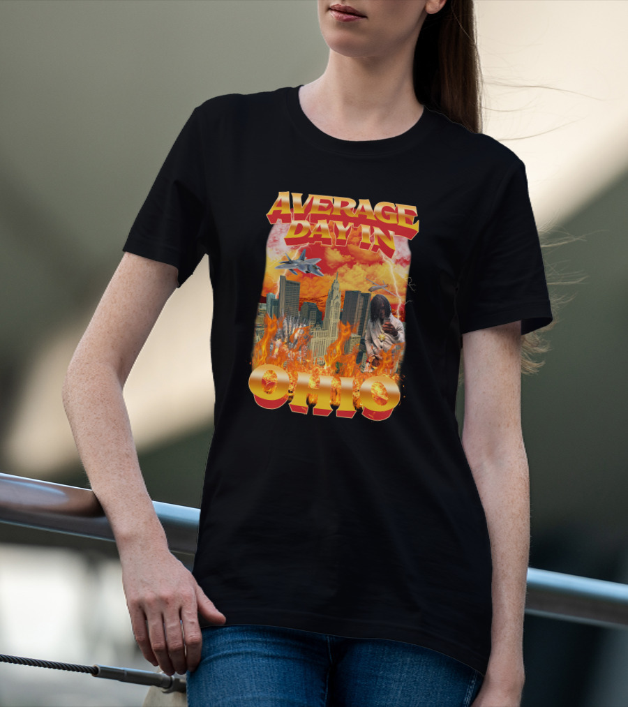 Average Day In Ohio Flaming Cityscape Fighter Jets Chaos T-Shirt
