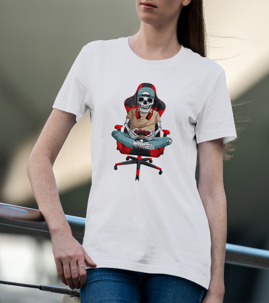 Skeleton Gamer In Cool Chair With Headphones And Controller T-Shirt