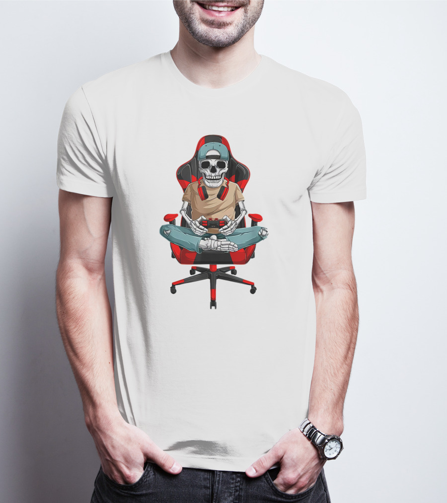 Skeleton Gamer In Cool Chair With Headphones And Controller T-Shirt