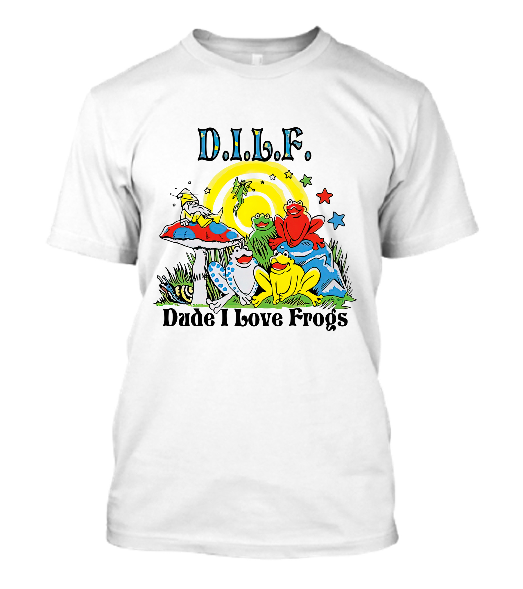 D.I.L.F. Dude I Love Frogs Colorful Frog Scene With Stars And Mushrooms T-Shirt