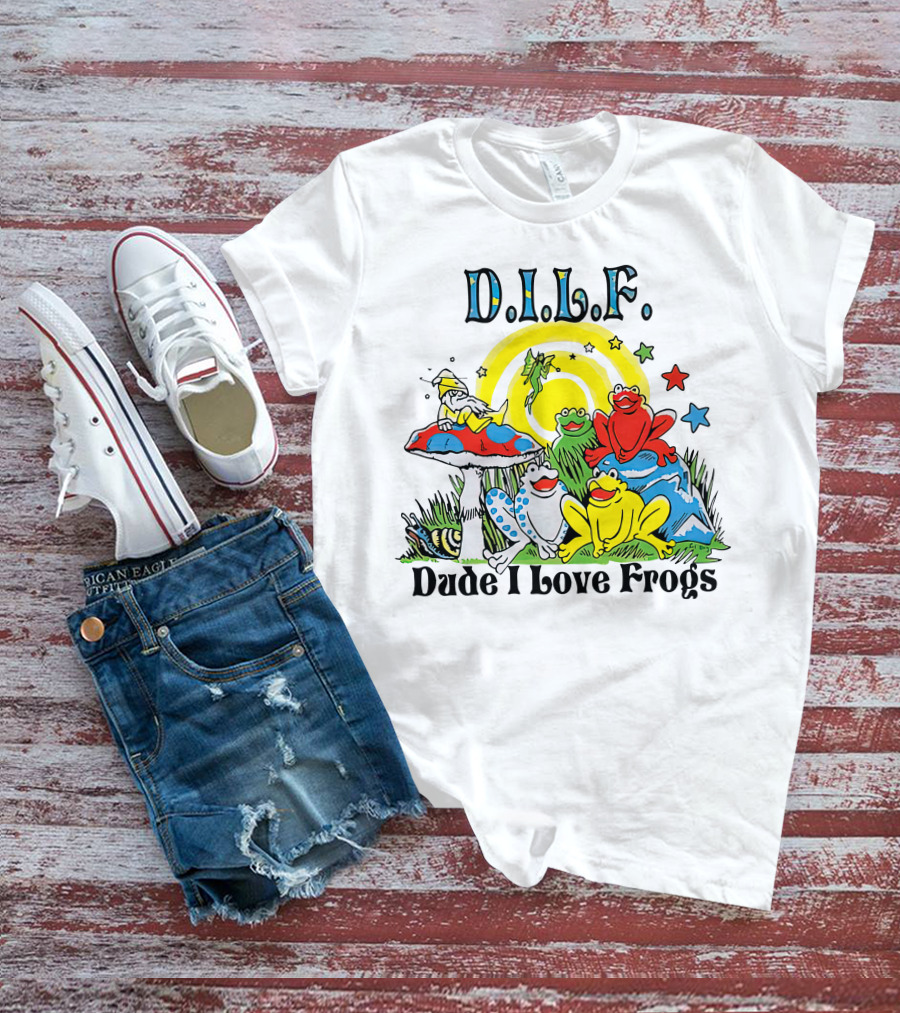 D.I.L.F. Dude I Love Frogs Colorful Frog Scene With Stars And Mushrooms T-Shirt