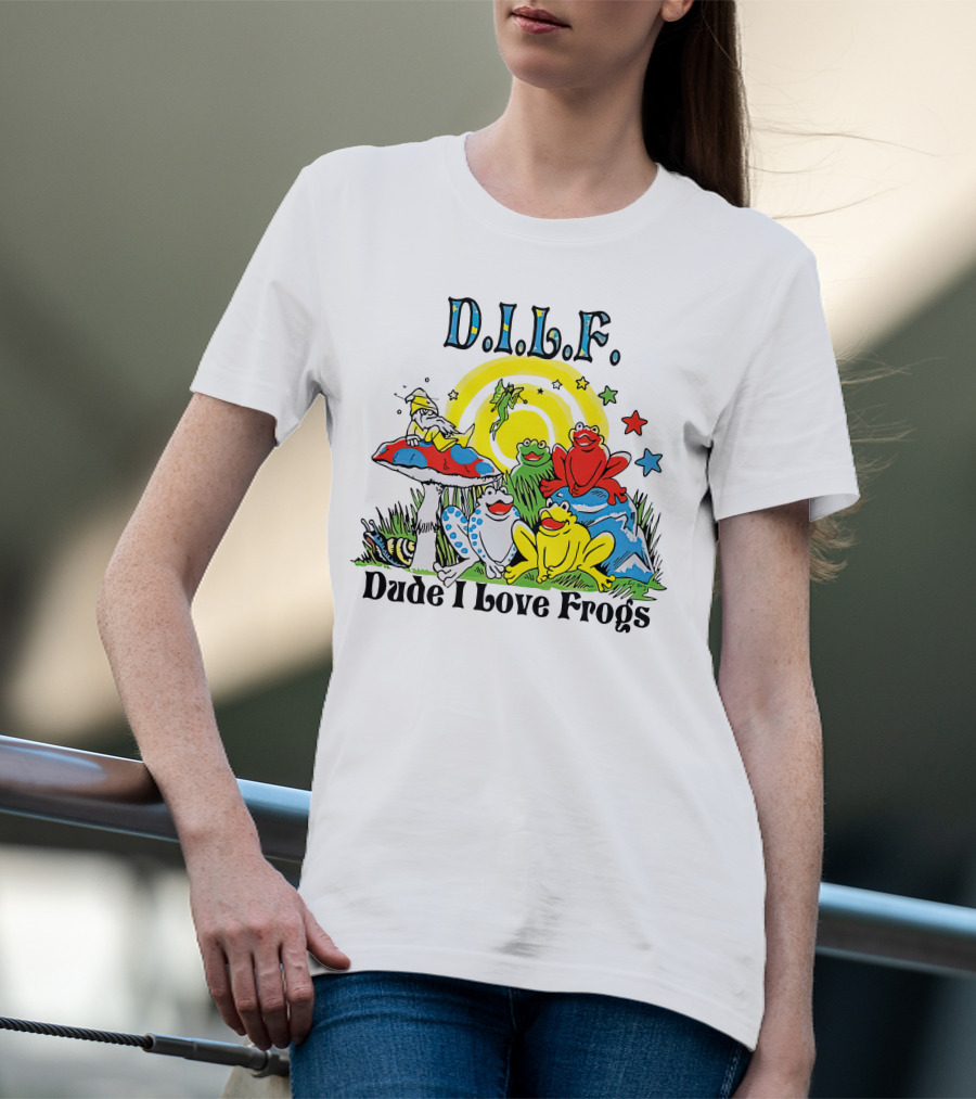 D.I.L.F. Dude I Love Frogs Colorful Frog Scene With Stars And Mushrooms T-Shirt