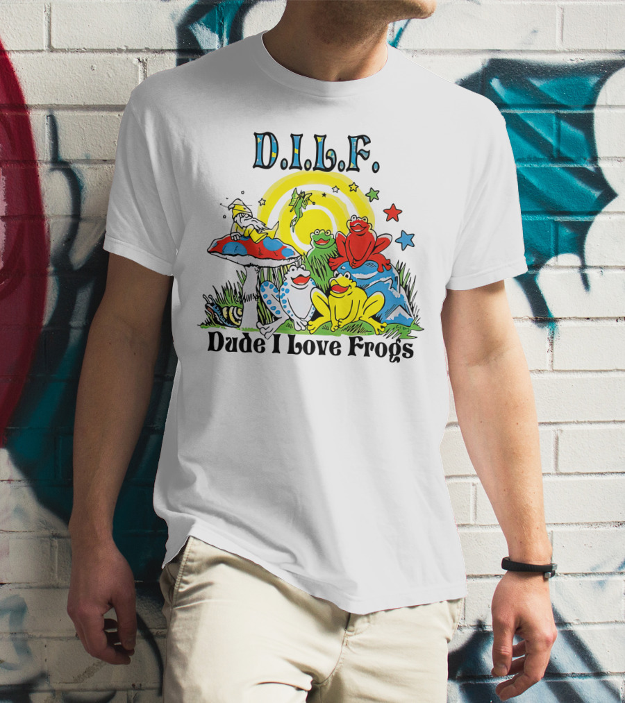 D.I.L.F. Dude I Love Frogs Colorful Frog Scene With Stars And Mushrooms T-Shirt