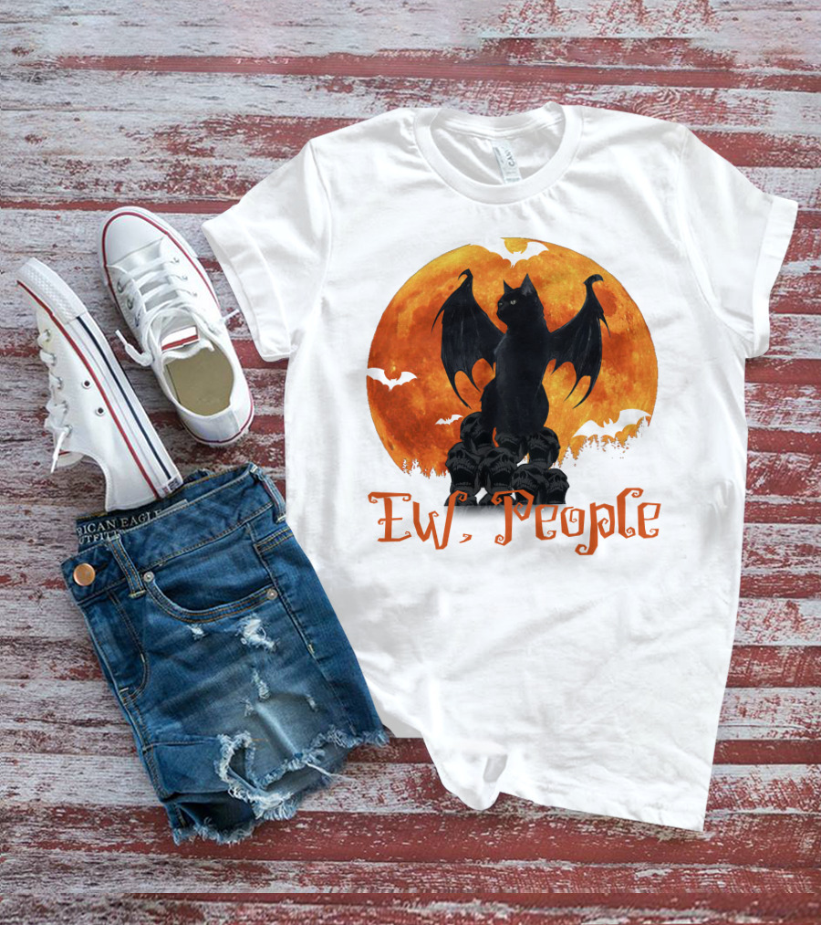 Ew People Black Cat With Bat Wings Halloween Orange Moon T-Shirt