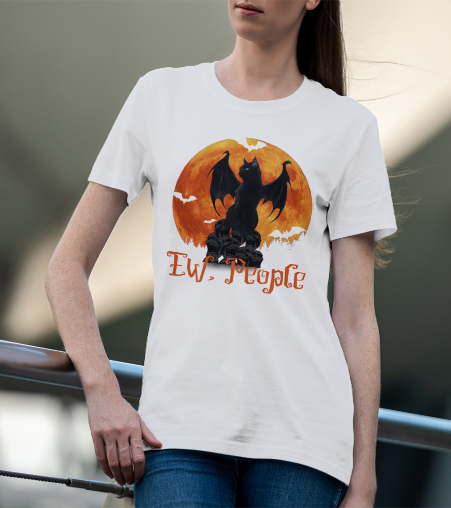 Ew People Black Cat With Bat Wings Halloween Orange Moon T-Shirt