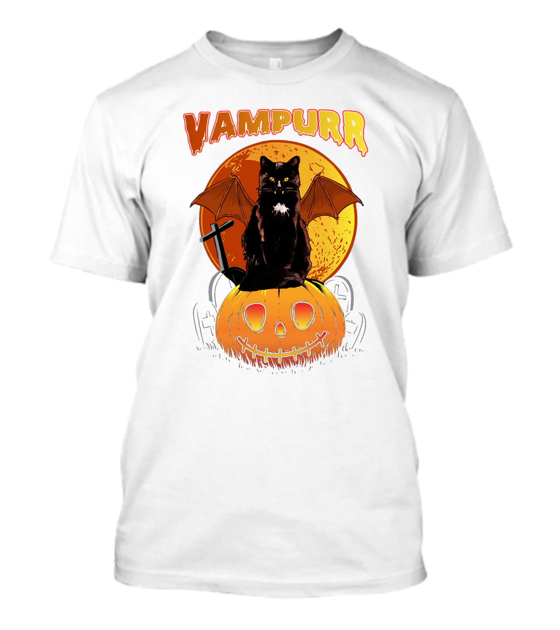 Vampurr Black Cat With Bat Wings And Pumpkin Halloween T-Shirt
