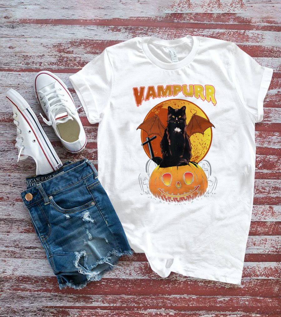 Vampurr Black Cat With Bat Wings And Pumpkin Halloween T-Shirt