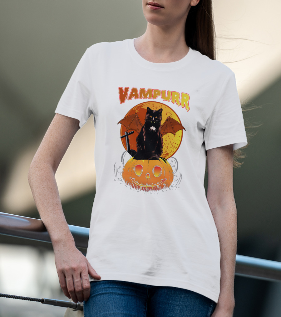 Vampurr Black Cat With Bat Wings And Pumpkin Halloween T-Shirt
