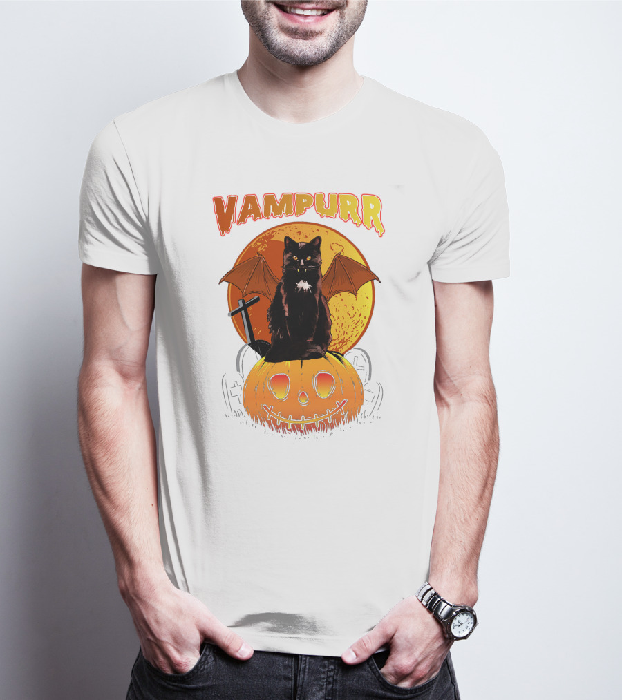 Vampurr Black Cat With Bat Wings And Pumpkin Halloween T-Shirt