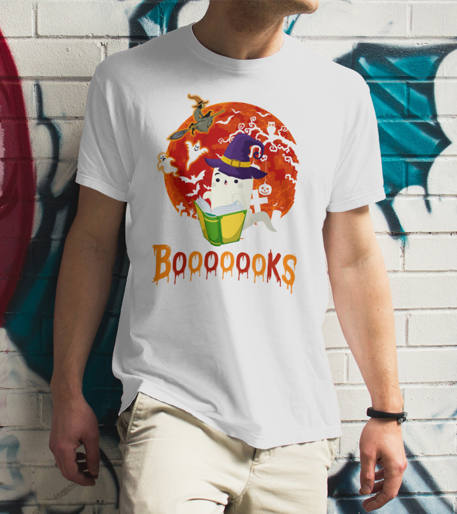 BOOOOOOKS Ghost Reading Witch Hat Halloween Scene T-Shirt
