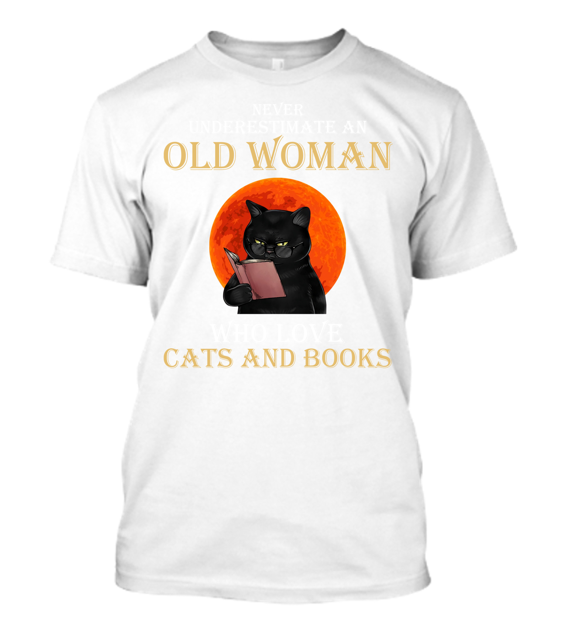 Old Woman Cats And Books Black Cat Reading Orange Moon T-Shirt