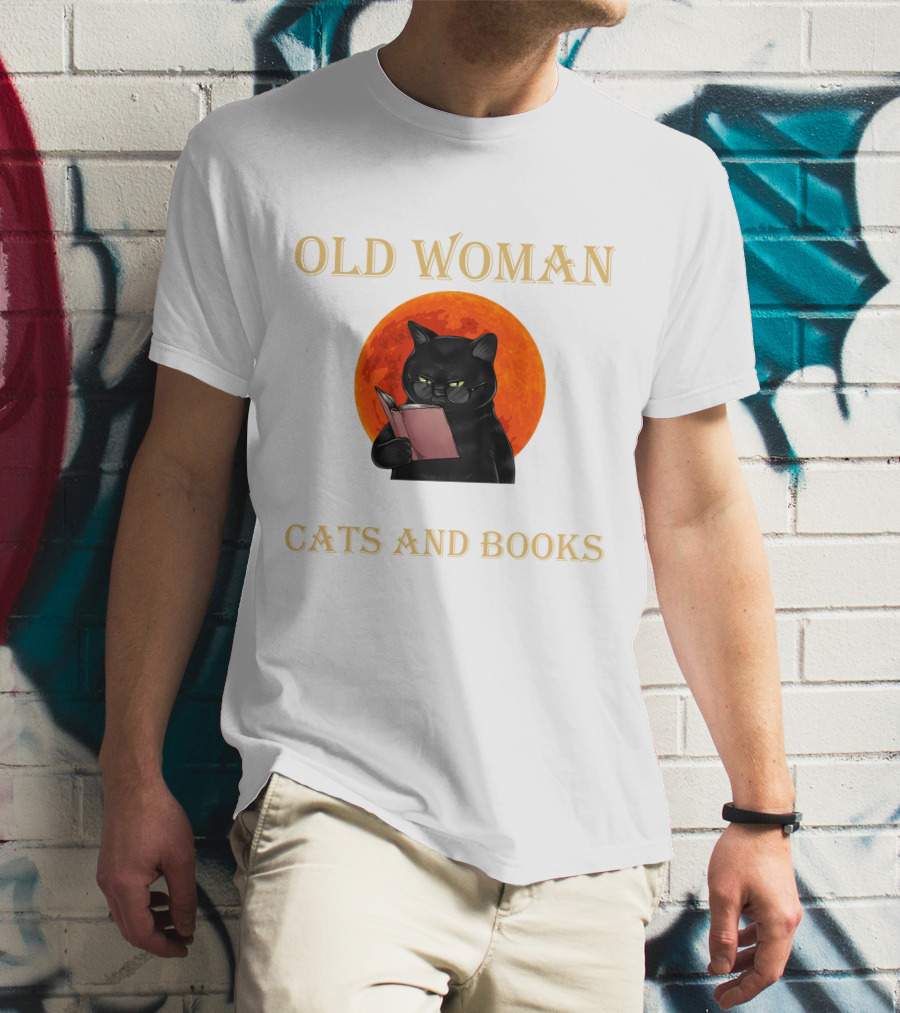 Old Woman Cats And Books Black Cat Reading Orange Moon T-Shirt
