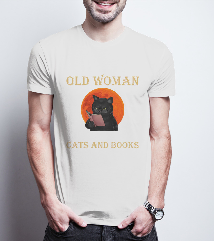 Old Woman Cats And Books Black Cat Reading Orange Moon T-Shirt