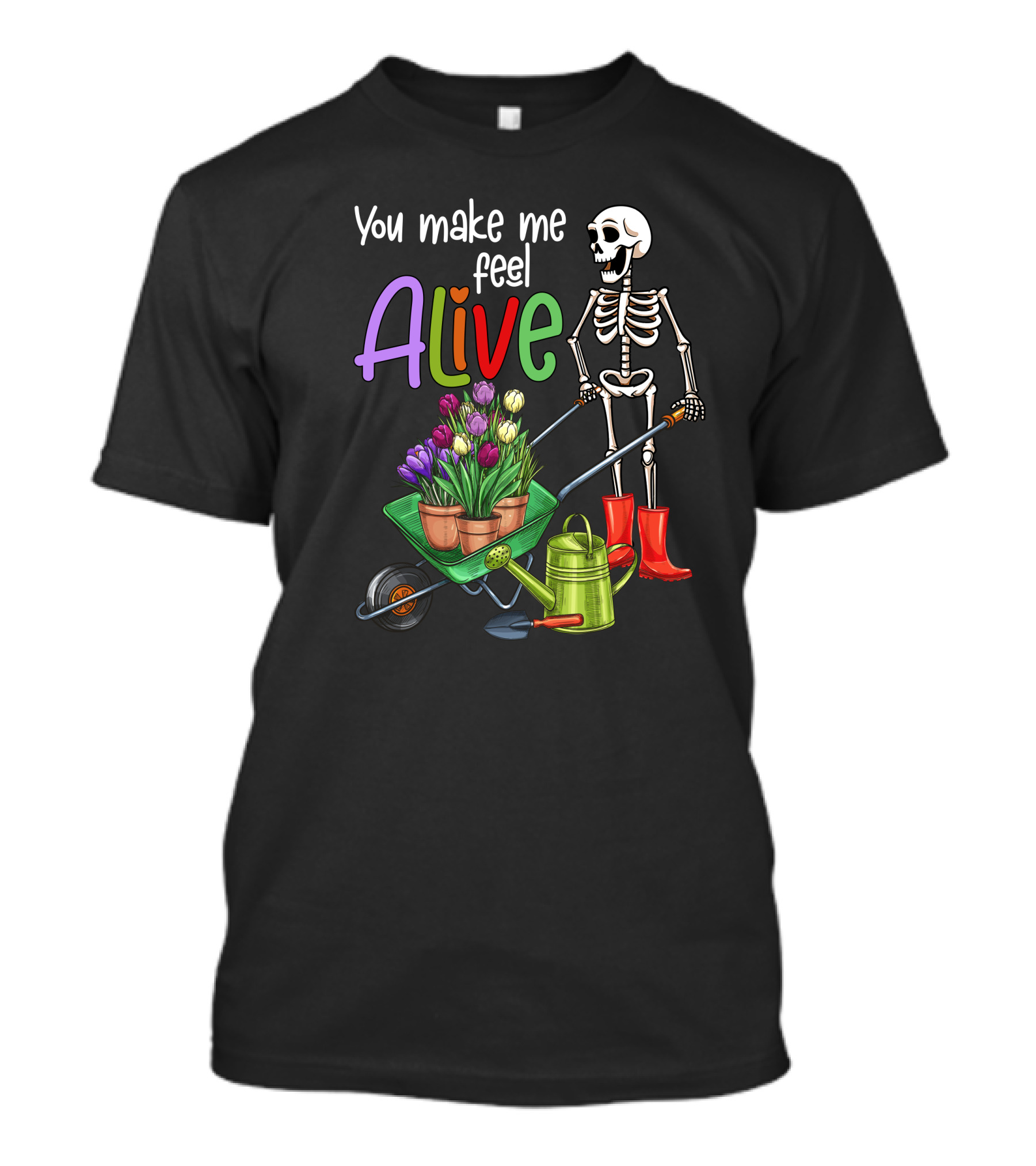 Alive Gardening Farmer Skeleton With Tulips And Watering Can T-Shirt