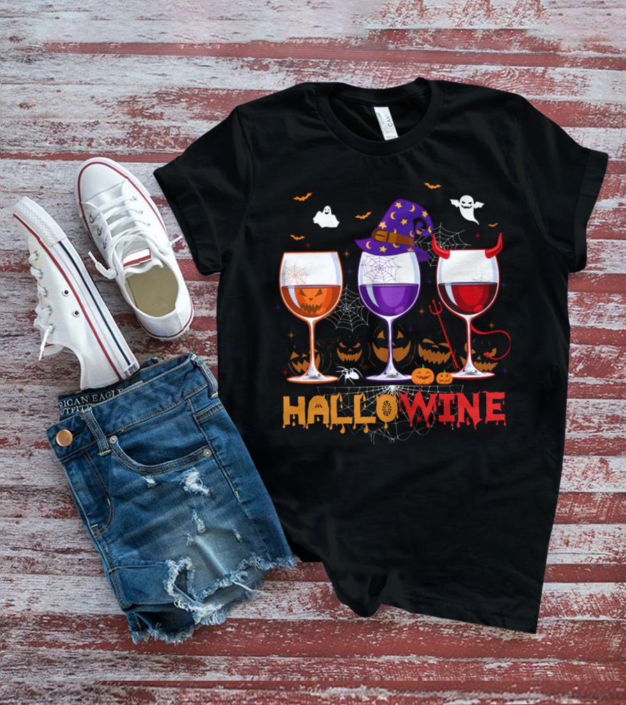 Haloween Hallowine Witch Hat Devil Horns Jack-O'-Lanterns Wine Glasses T-Shirt