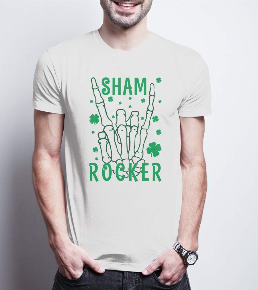 SHAM ROCKER Skeleton Hand With Shamrocks T-Shirt