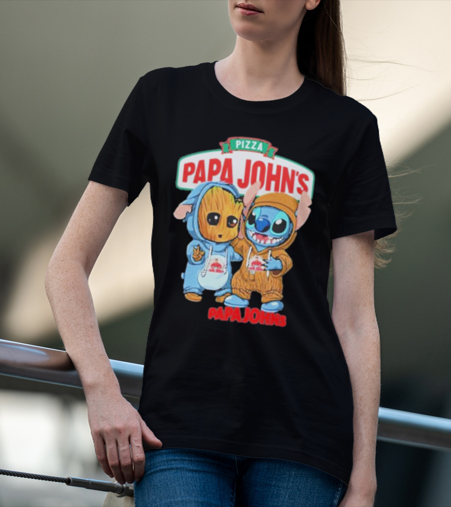 Papa John's Pizza With Groot And Stitch Characters T-Shirt
