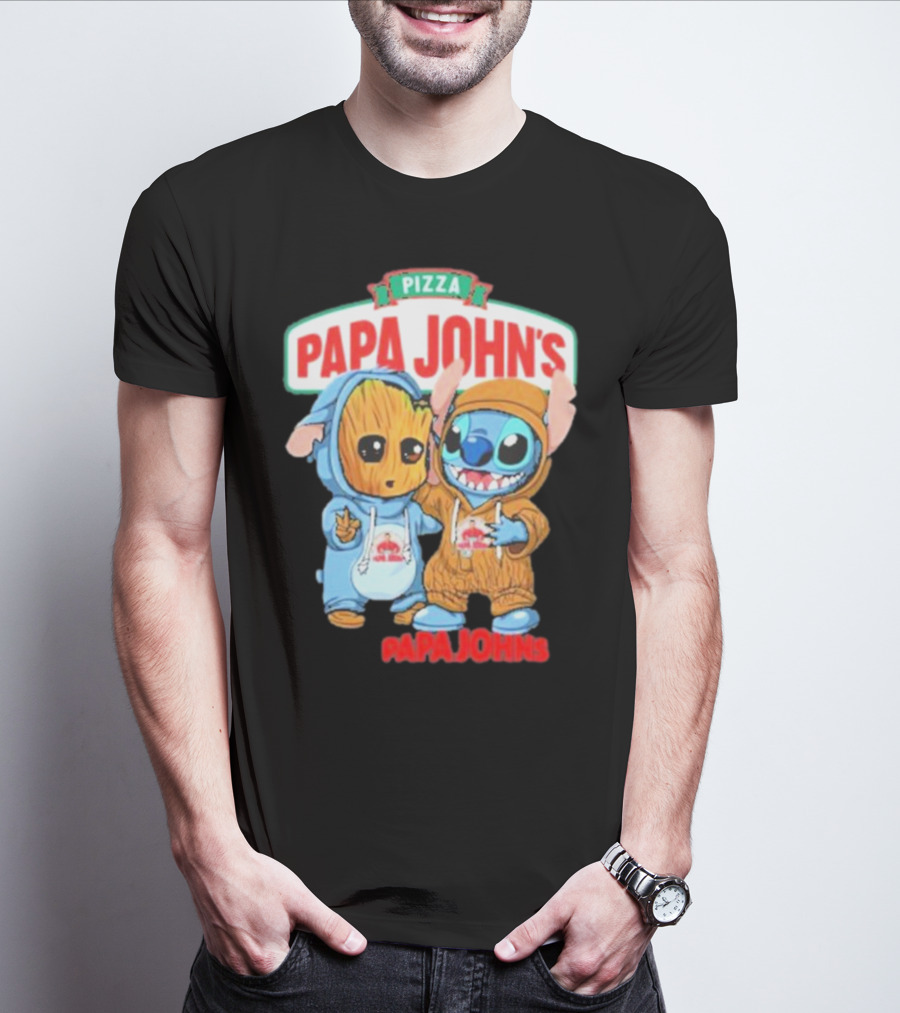 Papa John's Pizza With Groot And Stitch Characters T-Shirt