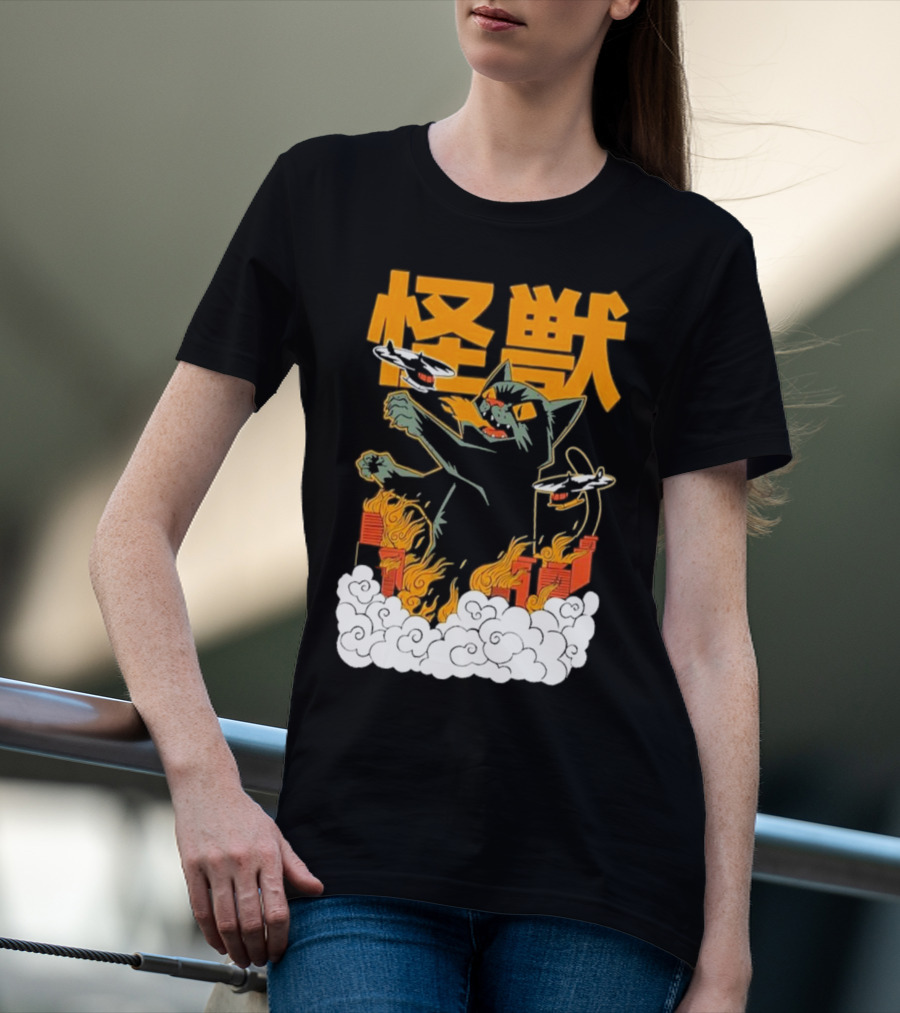 Kaiju No 8 Monster Cat Attack With Helicopters And Flames T-Shirt
