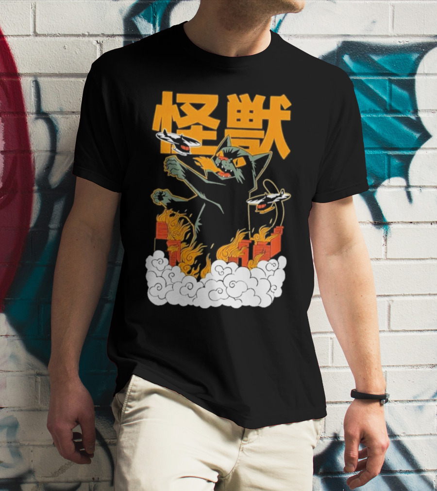Kaiju No 8 Monster Cat Attack With Helicopters And Flames T-Shirt