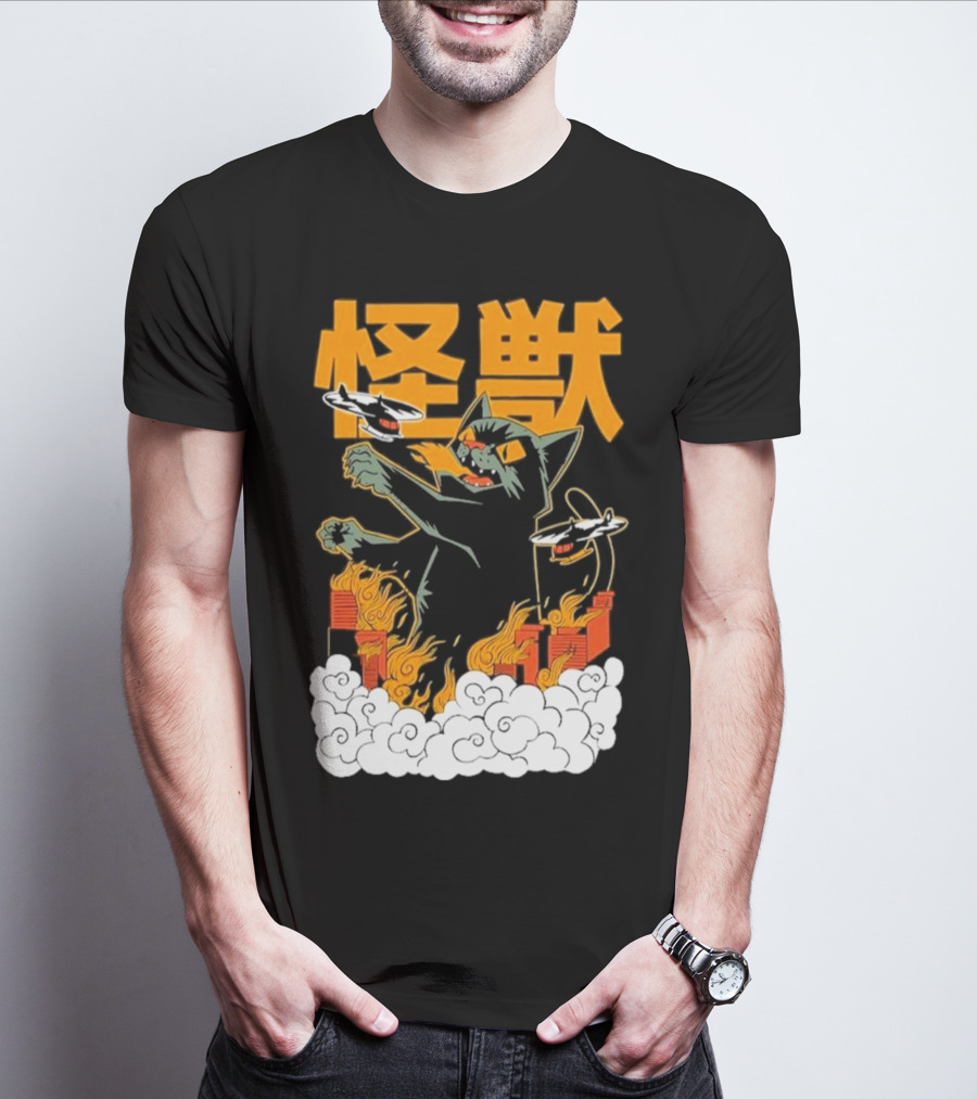 Kaiju No 8 Monster Cat Attack With Helicopters And Flames T-Shirt
