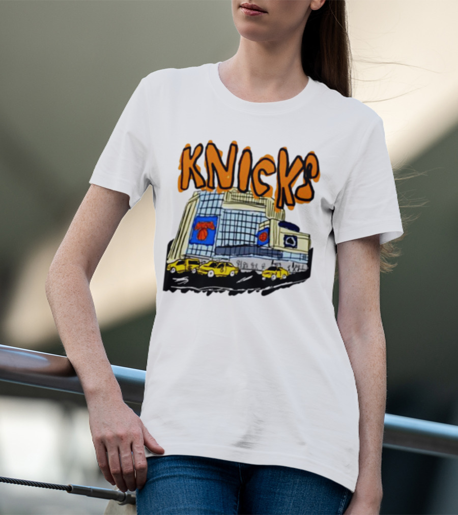 Knicks New York City Taxi Sketch With Arena Background T-Shirt