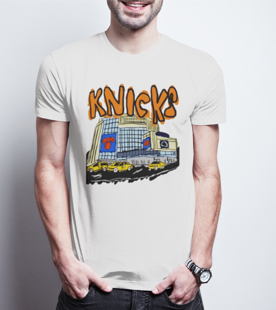 Knicks New York City Taxi Sketch With Arena Background T-Shirt