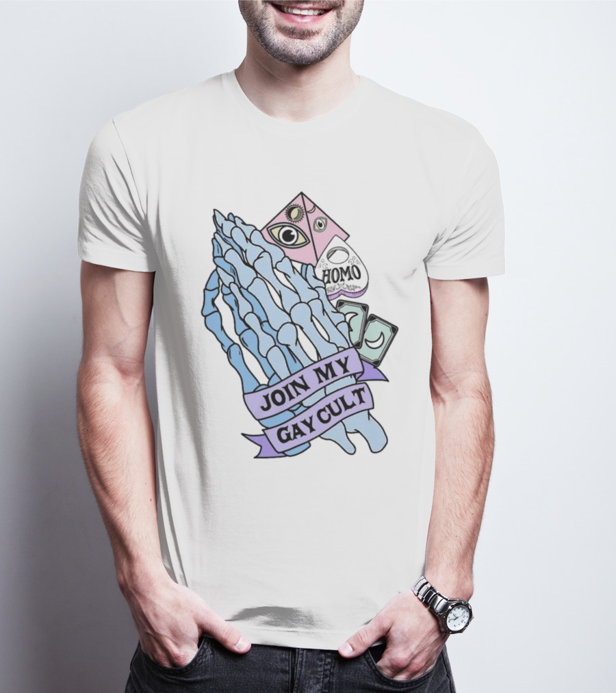JOIN MY GAY CULT HOMO EYE PYRAMID SKELETON HANDS T-Shirt