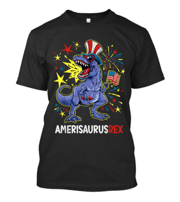 Amerisaurus Rex 4th Of July Dinosaur With American Flag And Fireworks T-Shirt