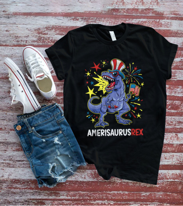 Amerisaurus Rex 4th Of July Dinosaur With American Flag And Fireworks T-Shirt
