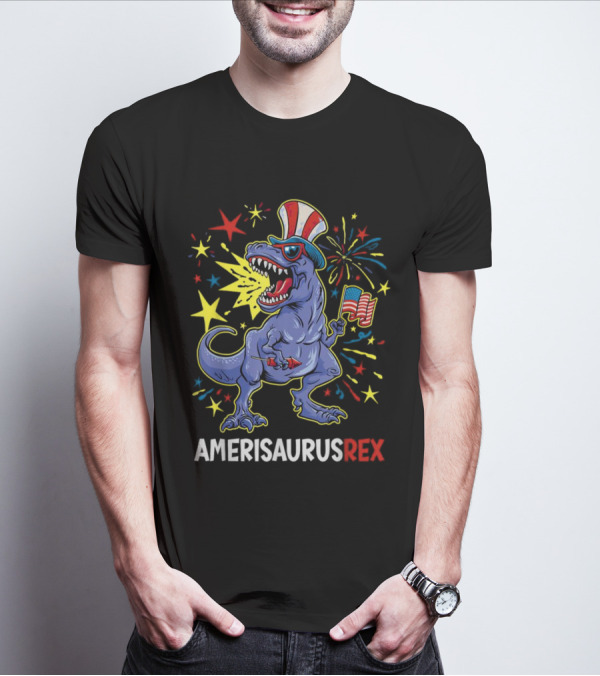 Amerisaurus Rex 4th Of July Dinosaur With American Flag And Fireworks T-Shirt