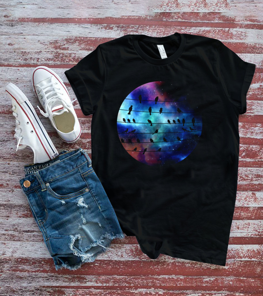 Birds On A Wire Cosmic Galaxy Silhouette In Space T-Shirt