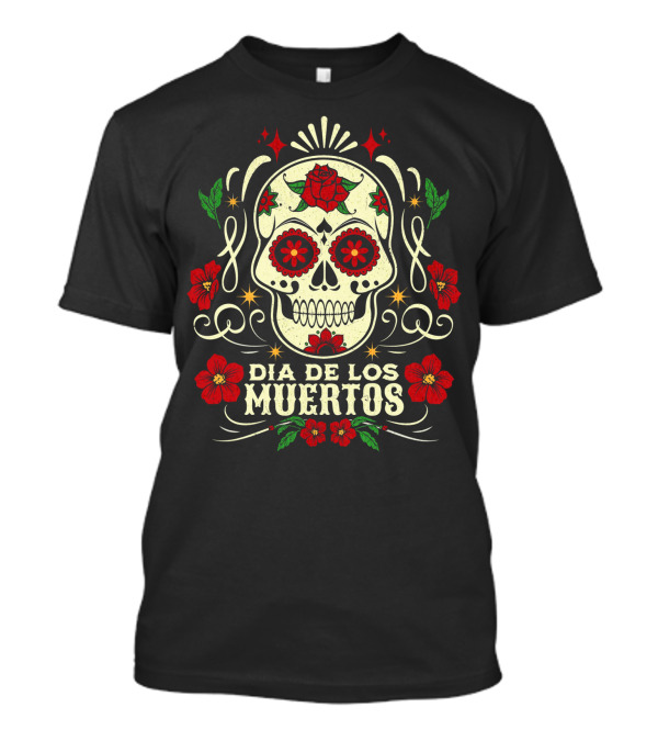 Dia De Los Muertos Skull With Red Roses And Floral Accents T-Shirt
