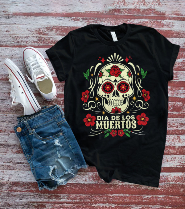 Dia De Los Muertos Skull With Red Roses And Floral Accents T-Shirt
