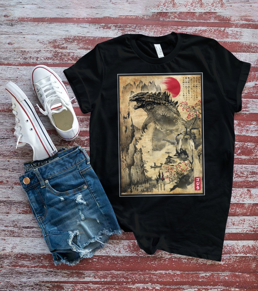 Gojira Japanese Woodblock Ukiyo-e Style With Red Sun And Cherry Blossoms T-Shirt