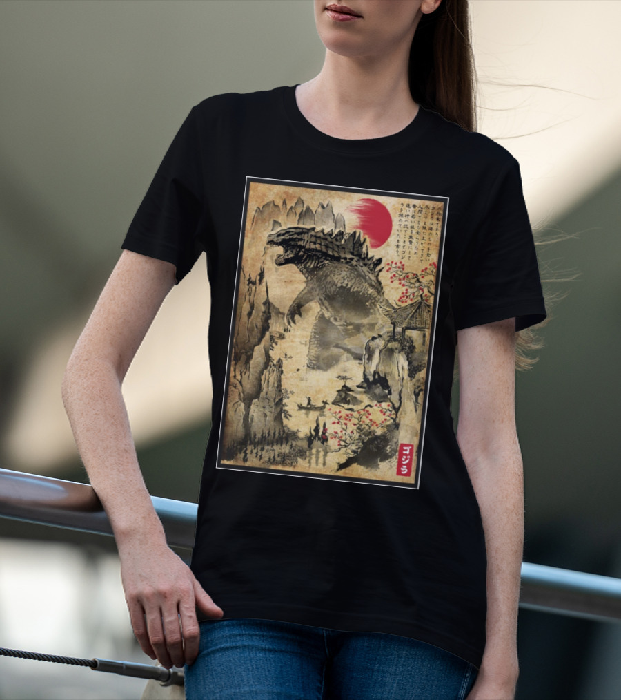 Gojira Japanese Woodblock Ukiyo-e Style With Red Sun And Cherry Blossoms T-Shirt