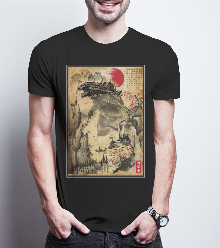 Gojira Japanese Woodblock Ukiyo-e Style With Red Sun And Cherry Blossoms T-Shirt