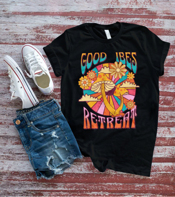 Good Vibes Retreat Mushroom Flowers Retro Psychedelic T-Shirt