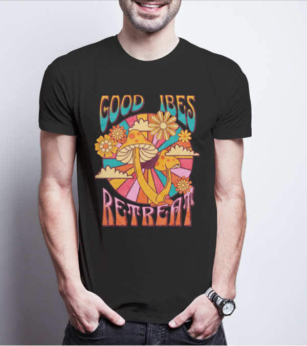 Good Vibes Retreat Mushroom Flowers Retro Psychedelic T-Shirt