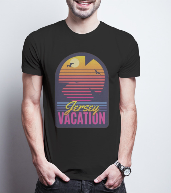 Jersey Vacation Retro Sunset Beach Scene With Birds And Stripes T-Shirt